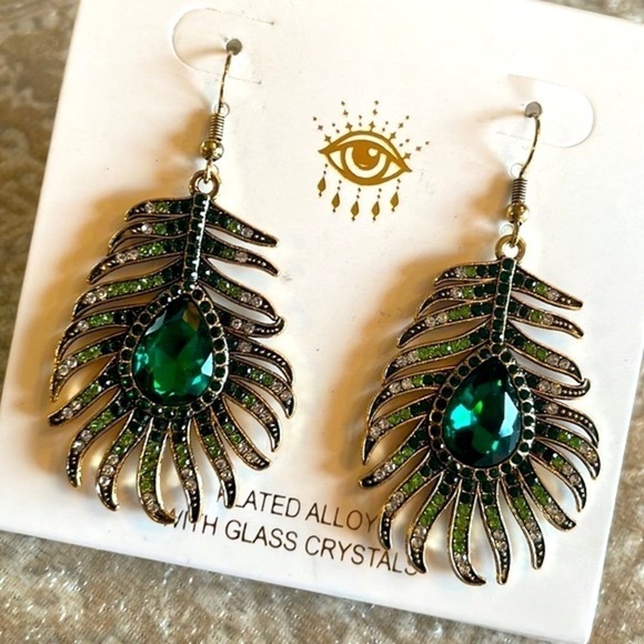 Brand New Eye Candy Crystal Peacock Feather Drop Earrings Green Sparkly - Picture 7 of 12